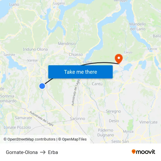 Gornate-Olona to Erba map