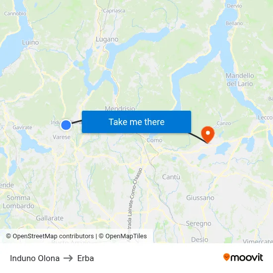 Induno Olona to Erba map