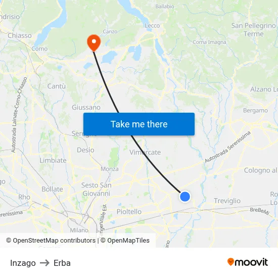 Inzago to Erba map