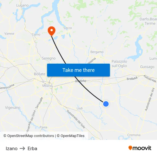 Izano to Erba map