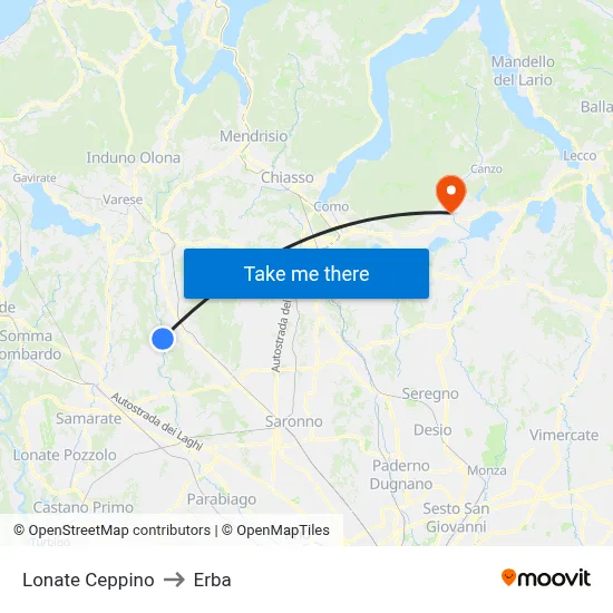 Lonate Ceppino to Erba map