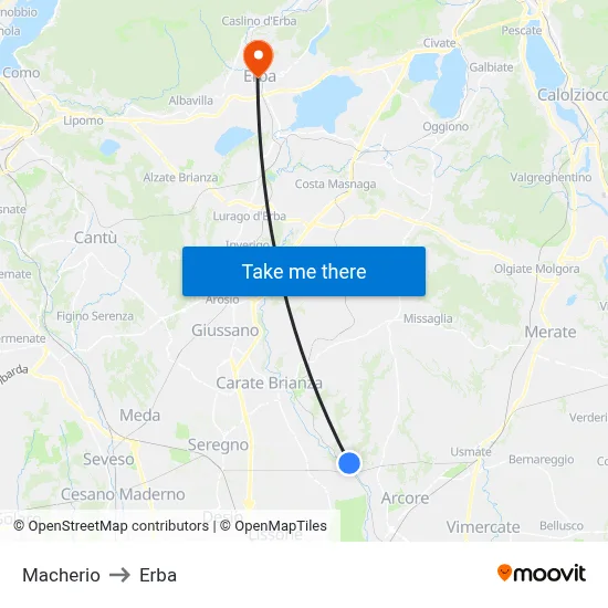 Macherio to Erba map