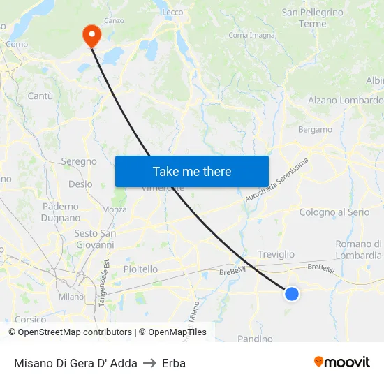 Misano di Gera d'Adda to Erba map