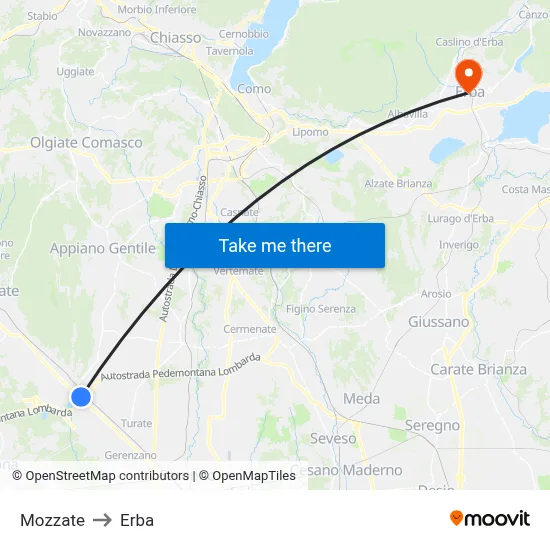 Mozzate to Erba map