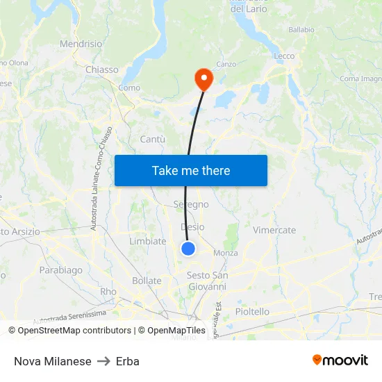 Nova Milanese to Erba map