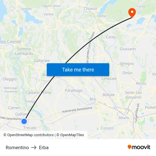 Romentino to Erba map