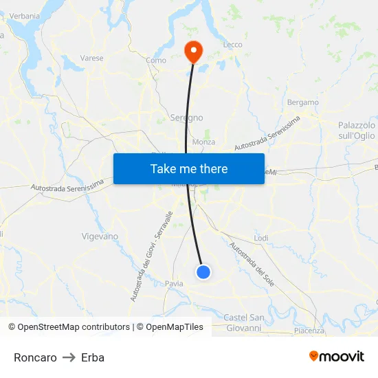 Roncaro to Erba map