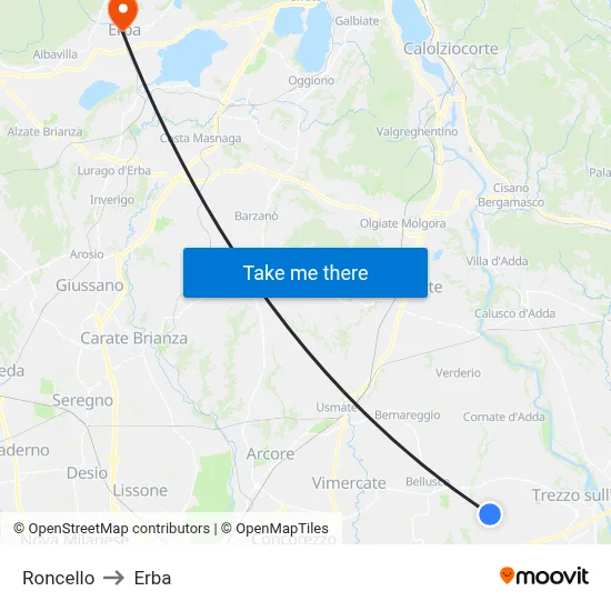 Roncello to Erba map