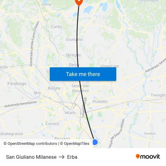 San Giuliano Milanese to Erba map