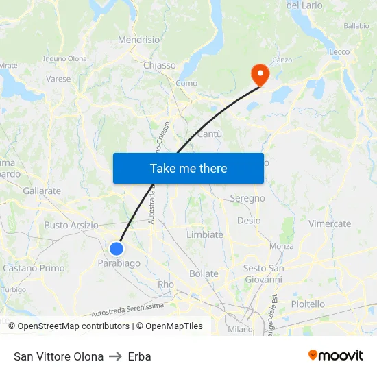 San Vittore Olona to Erba map