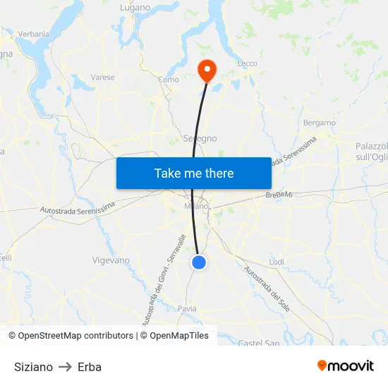 Siziano to Erba map