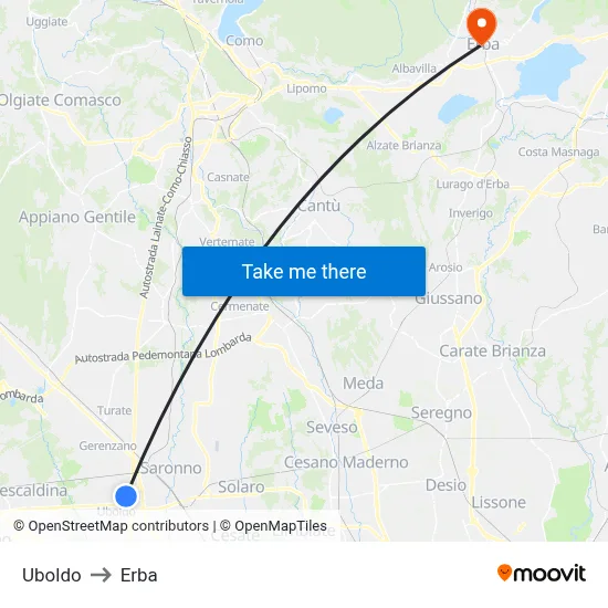 Uboldo to Erba map