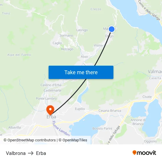 Valbrona to Erba map
