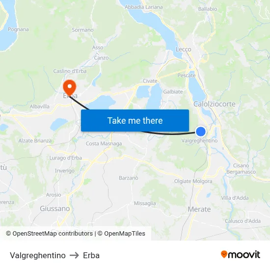 Valgreghentino to Erba map