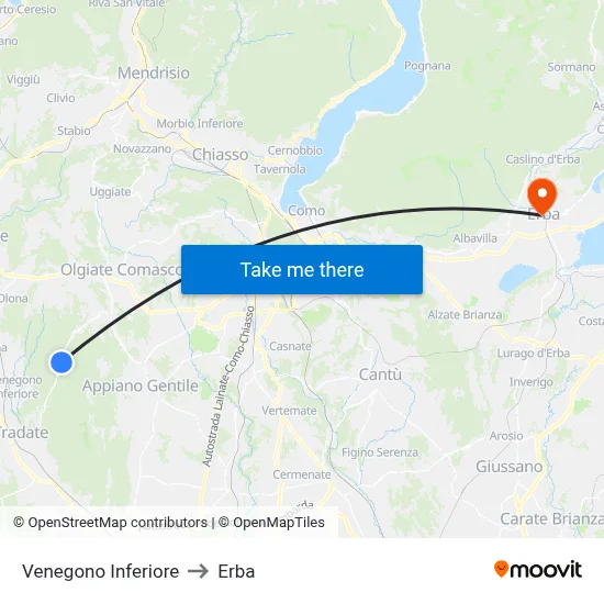 Venegono Inferiore to Erba map