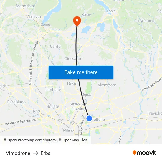 Vimodrone to Erba map