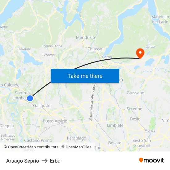 Arsago Seprio to Erba map