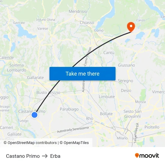 Castano Primo to Erba map