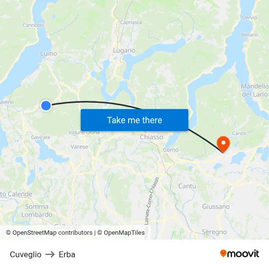 Cuveglio to Erba map