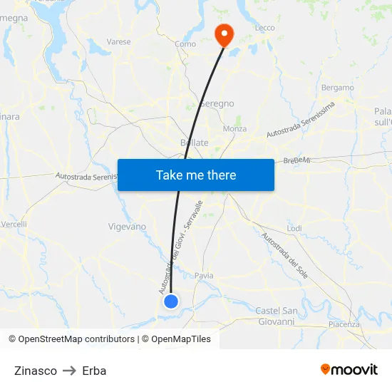 Zinasco to Erba map