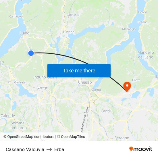 Cassano Valcuvia to Erba map