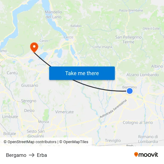 Bergamo to Erba map