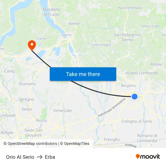 Orio Al Serio to Erba map