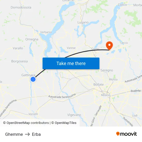 Ghemme to Erba map