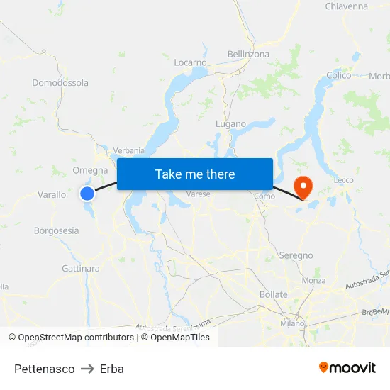 Pettenasco to Erba map