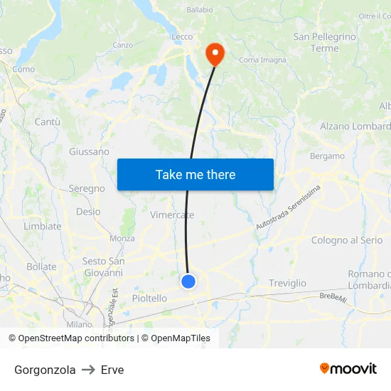 Gorgonzola to Erve map