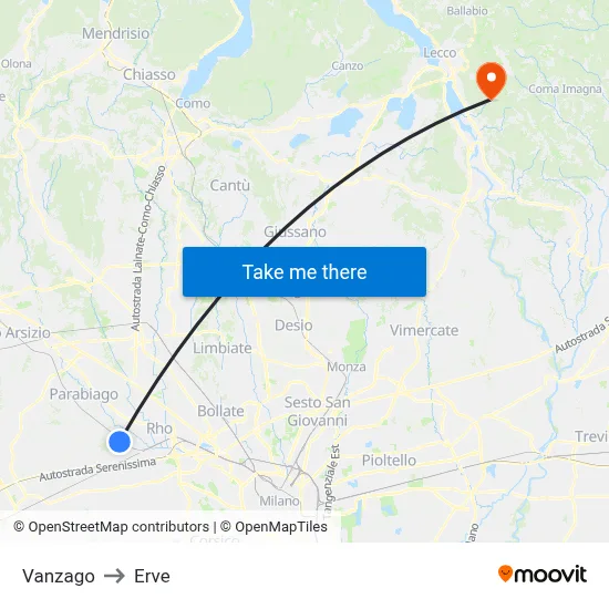 Vanzago to Erve map