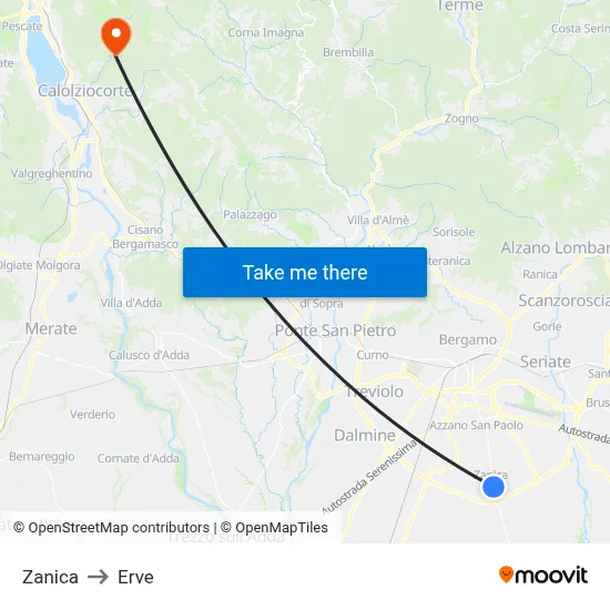 Zanica to Erve map