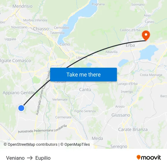 Veniano to Eupilio map