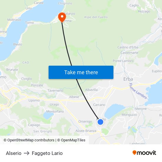 Alserio to Faggeto Lario map