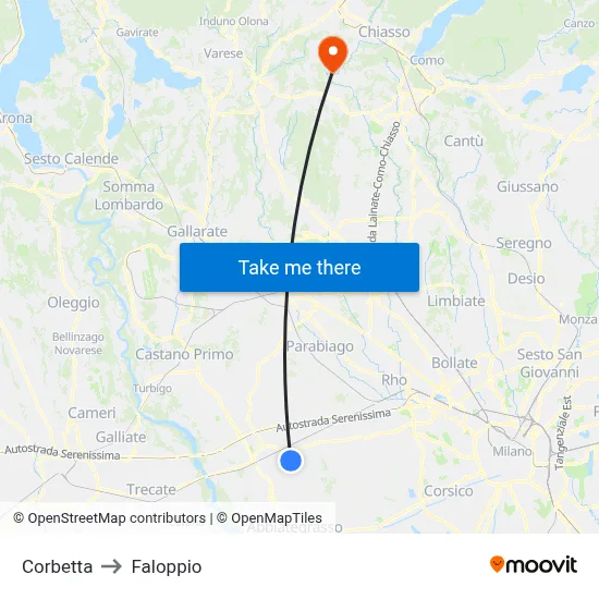 Corbetta to Faloppio map