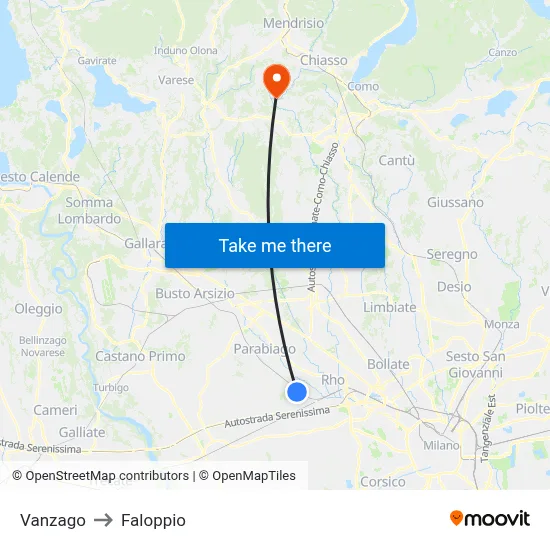 Vanzago to Faloppio map