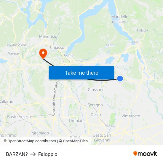 Barzan to Faloppio map