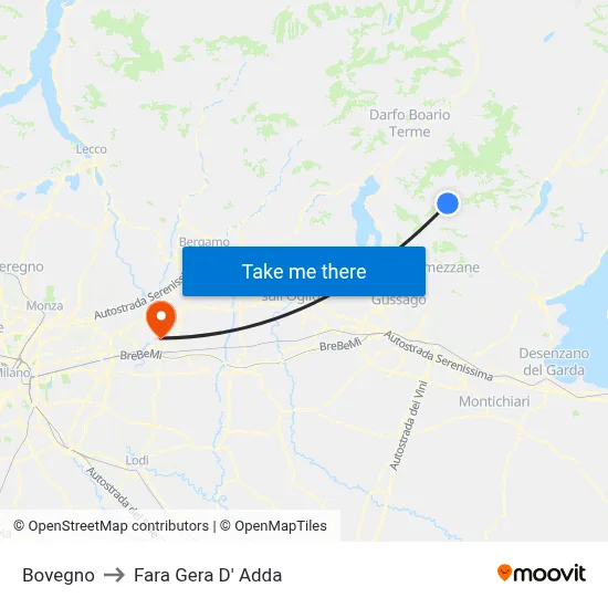 Bovegno to Fara Gera D' Adda map