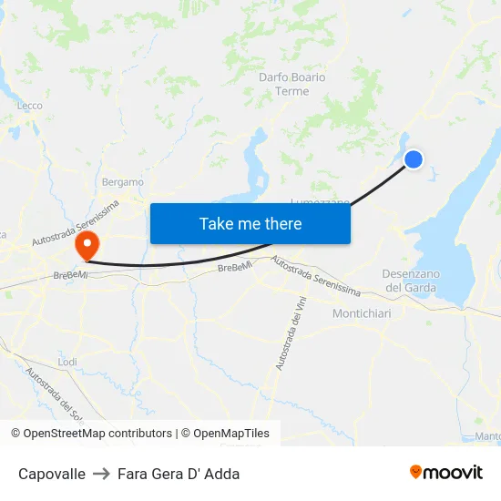 Capovalle to Fara Gera D' Adda map