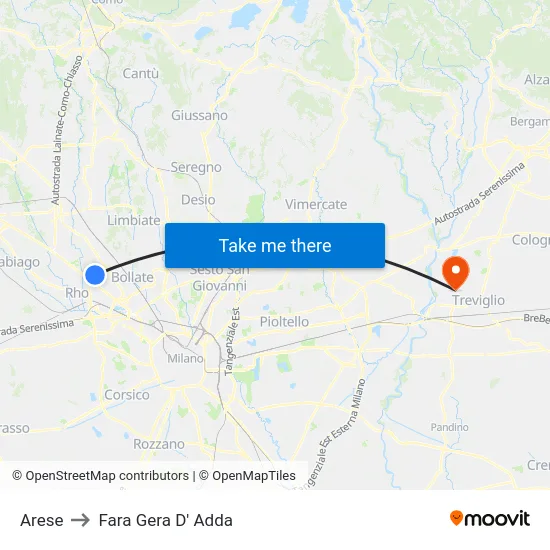 Arese to Fara Gera D' Adda map