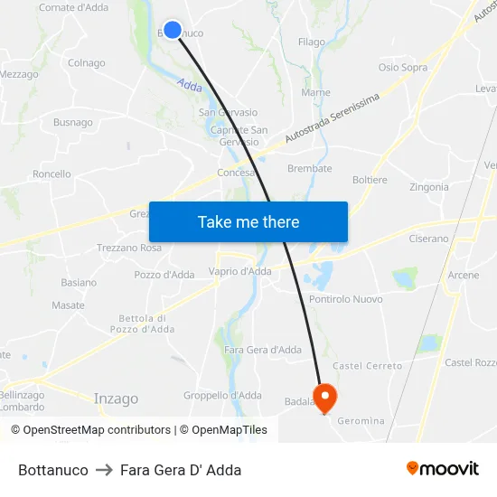 Bottanuco to Fara Gera D' Adda map