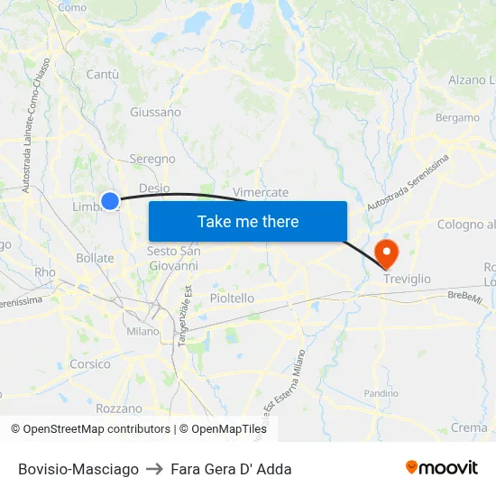 Bovisio-Masciago to Fara Gera D' Adda map