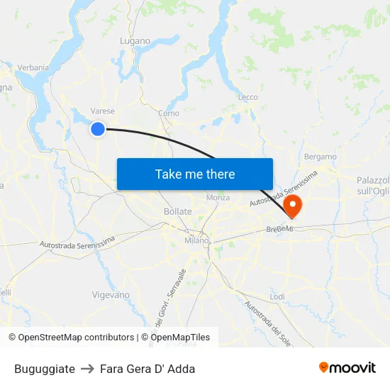Buguggiate to Fara Gera D' Adda map