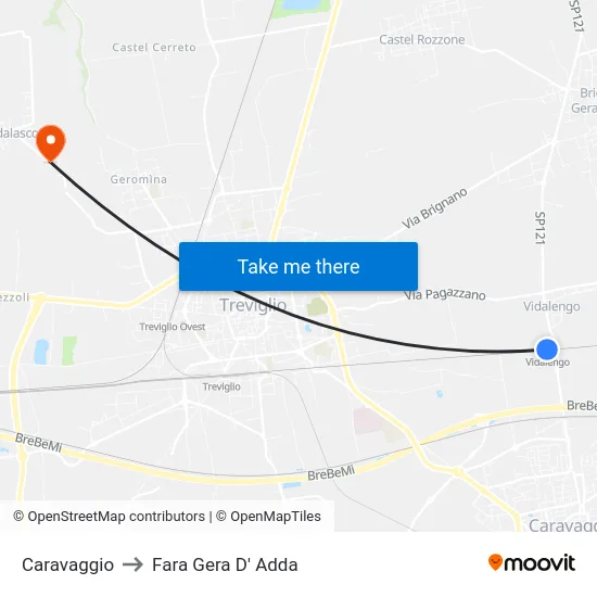 Caravaggio to Fara Gera D' Adda map