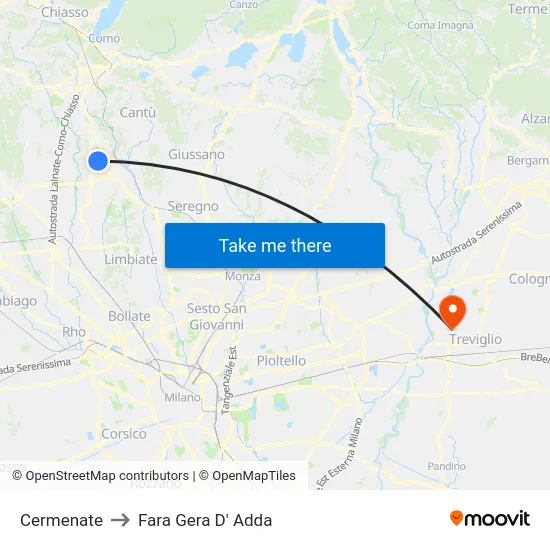 Cermenate to Fara Gera D' Adda map