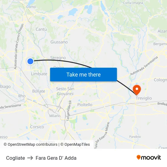 Cogliate to Fara Gera D' Adda map