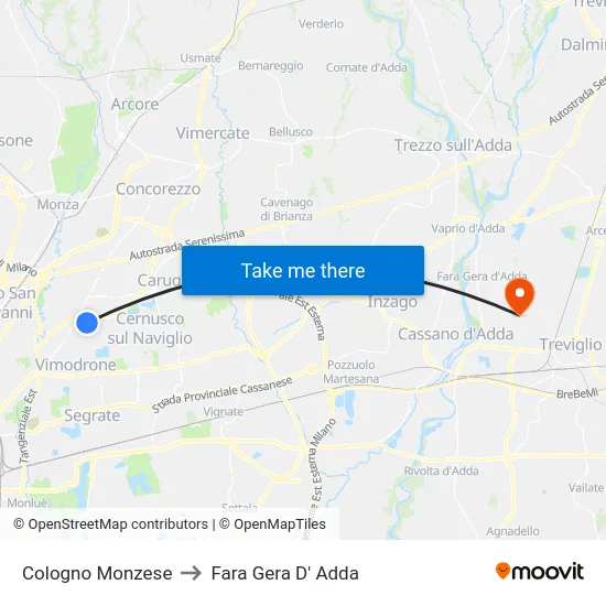 Cologno Monzese to Fara Gera D' Adda map