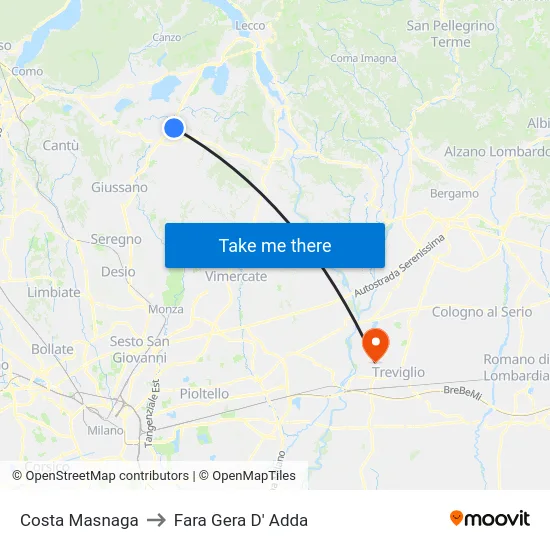 Costa Masnaga to Fara Gera D' Adda map