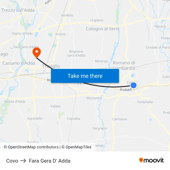 Covo to Fara Gera D' Adda map