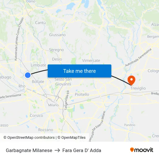 Garbagnate Milanese to Fara Gera D' Adda map